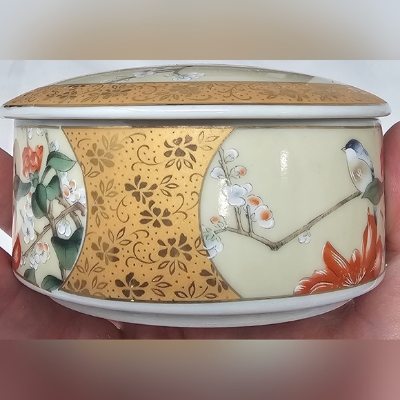 Vintage Porcelain Trinket Jewelry Box with Birds & Flowers Gold 3.5” Japan - Picture 5 of 15